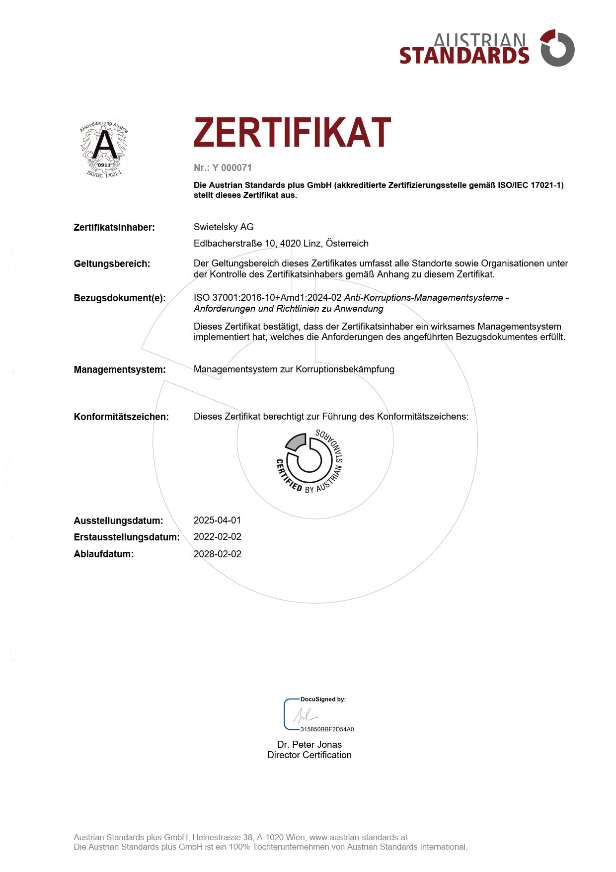 ISO Zertifikat 37001 Swietelsky Y 000071 20250401 DE DE 1