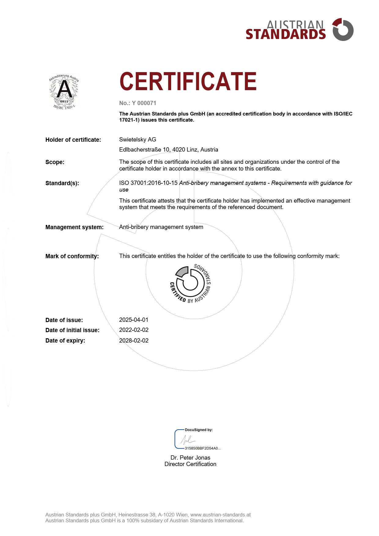 ISO Certificate 37001 Swietelsky Y 000071 20250401 EN GB 1
